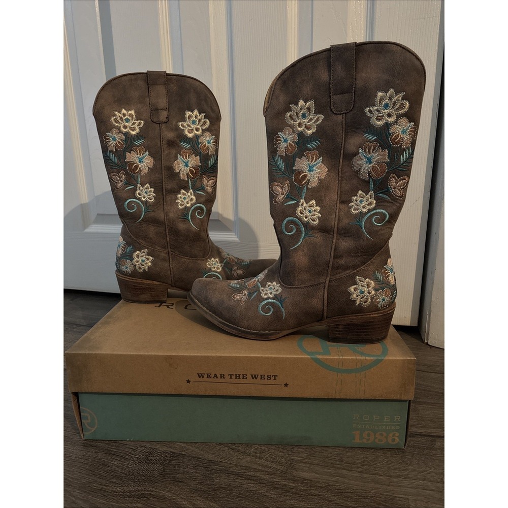 Roper Womens Riley Floral Brown Faux Leather Cowboy Boots Size 8.5